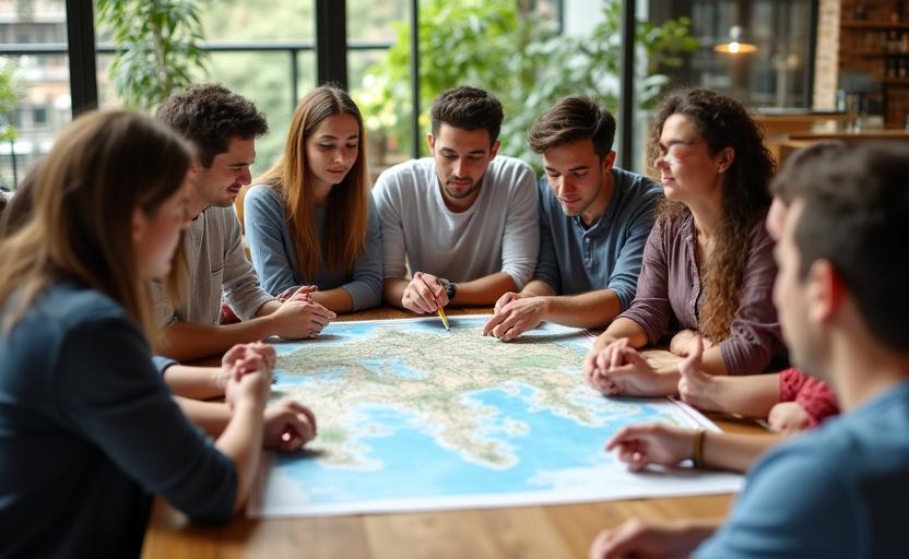 Uczestnicy warsztatów nawigacyjnych pochyleni nad mapą w przytulnym wnętrzu kawiarni